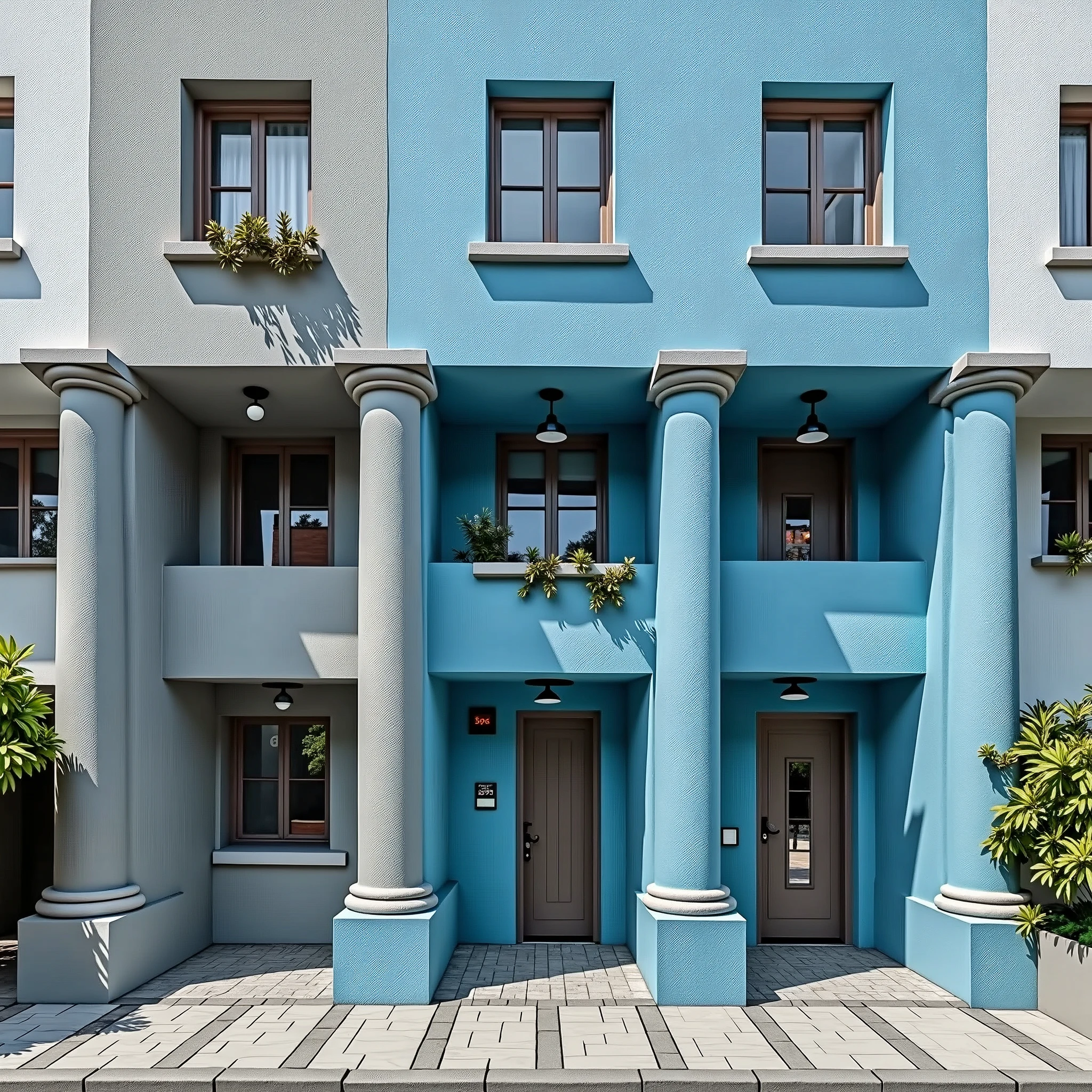 An image with the front of three apartments divided by columns painted in blue with gray