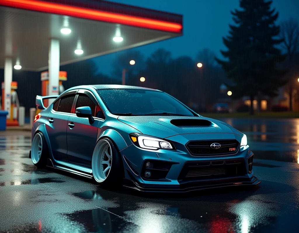 A stunning, high-contrast 8K photograph capturing a tranquil late-night rain in a suburban neighborhood. The focus is on a heavenly modified, full completed carbon fiber Subaru WRX STI widebody, parked at a dimly lit gas station. The vehicle's menacing aura is accentuated by its low, aggressively lowered stance, nearly touching the ground. The white aftermarket wheels with machined faces and an aggressive front lip spoiler enhance its sleek and intimidating appearance. The deep, dark tinted windows and blacked-out front beam headlights blend seamlessly with the customized bumper and exterior design, creating a cohesive, sinister look. The gas station's overhead lighting casts a soft, warm glow, illuminating the scene while creating long shadows across the deserted pavement.