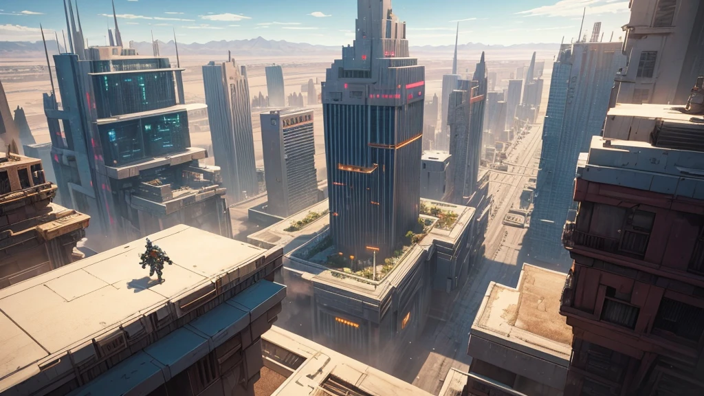 Create an RPG scenario set in a futuristic city viewed from above, situated in a desert environment.. The setting must be a specific part of the city, rpg combat scenario.