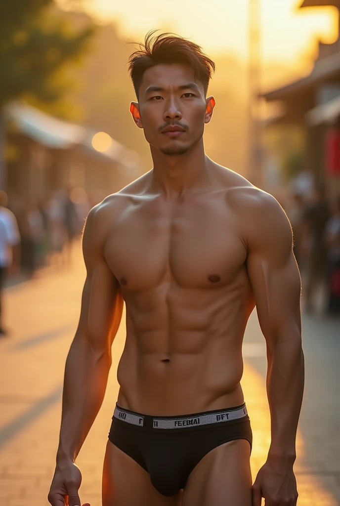 In the charming picture there is a handsome Chinese man 35 years old with his beam., His charm radiated as he proudly showed off his sixpack in a full standing pose.. He wore a light black sexy briefs, that highlighted his figure, He stood in the middle of an outdoor environment., Bathed in the golden light of a beautiful day. With unparalleled attention to detail., This photorealistic portrait combines the style of National Geographic., Capture every detail of his textured skin in 8k resolution. Leica digital SLR camera. His features were clearly visible., From the deep-set eyes to the chiselled jawline., Make this image a true masterpiece..Lift. (8K UHD、RAW Photography、Photorealistic Portrait Leica Digital SLR、Lifelike images)