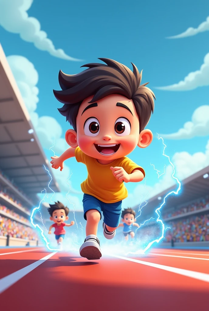 Cartoon of cute young energetic boy, running on very high speed in a race with other cute boys, running in a stadium on 100m racing tracks, blue and white electricity flowing around him in circles around him.