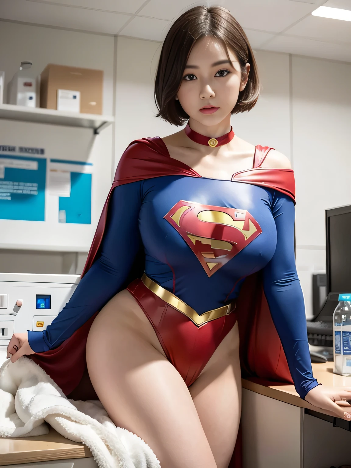 masterpiece、Rubber Supergirl Costume、short hair、barefoot、Big and ample breasts、looking at the camera、choker、Long sleeve、Cape、mini skirt、Off the shoulder、Sweaty skin、In front of the laboratory equipment in the hospital room、Photo magazine cover、Glamorous cleavage、Boasting beautiful legs、High leg leotard、Bare legs、Young wife in her 20s、