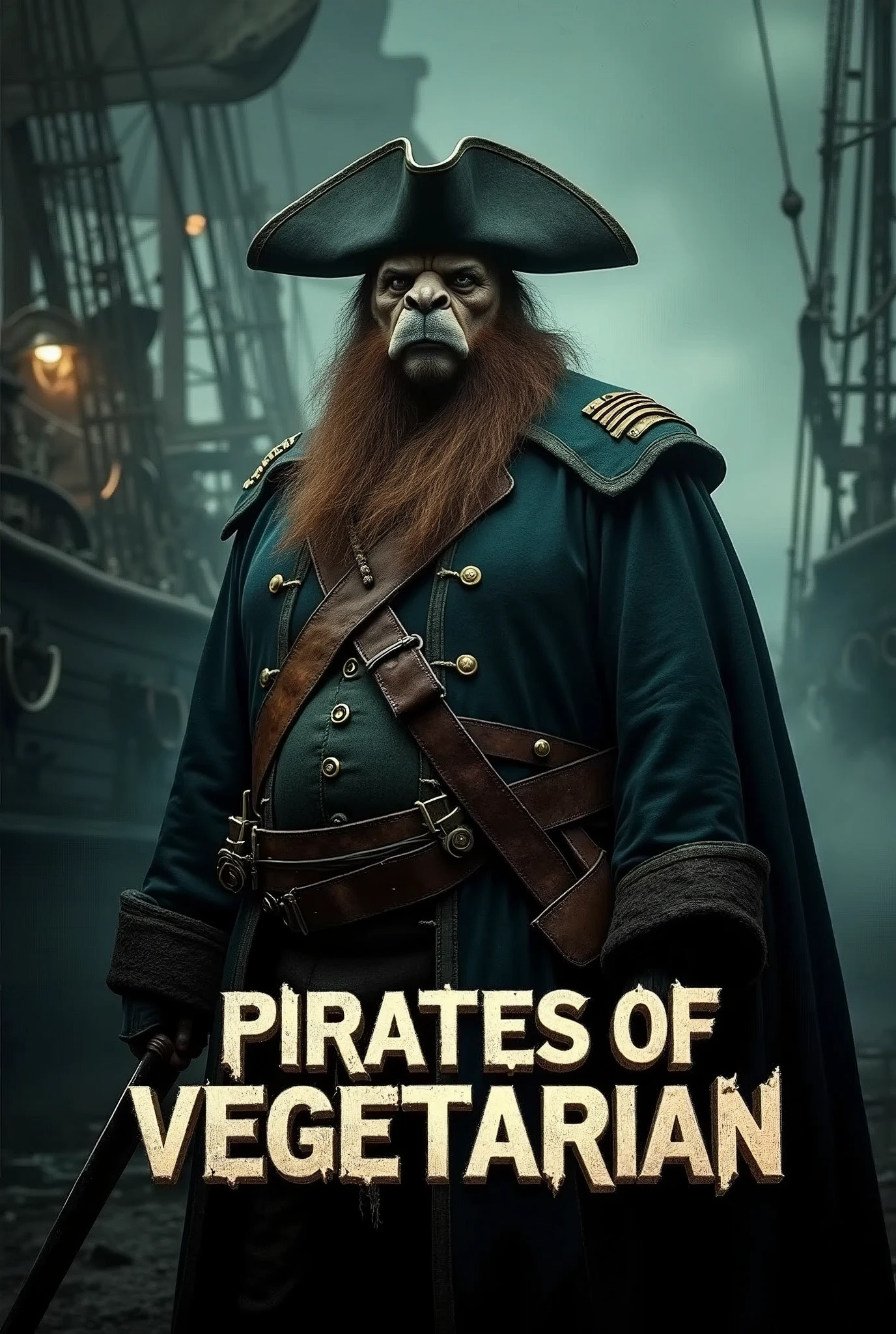 Create a cinematic poster featuring photorealistic portrait of Dressed animals - a ((fat)) camel pirate, , wearing  pirate costume and  pirate hat , with a serious, intense expression, He should be slightly off-center in the composition, The background should be dark and gritty, pirate's ship with smoky or grunge textures, Use a color scheme of black, deep blues, and dark greens, with subtle silver or gold accents to capture the show's mood, At the bottom of the poster, place the text "PIRATES OF VEGETARIAN" in large, bold, distressed letters, in a sans-serif font. The text should have a cinematic style, with slight shadow or glow effects to make it stand out against the background.