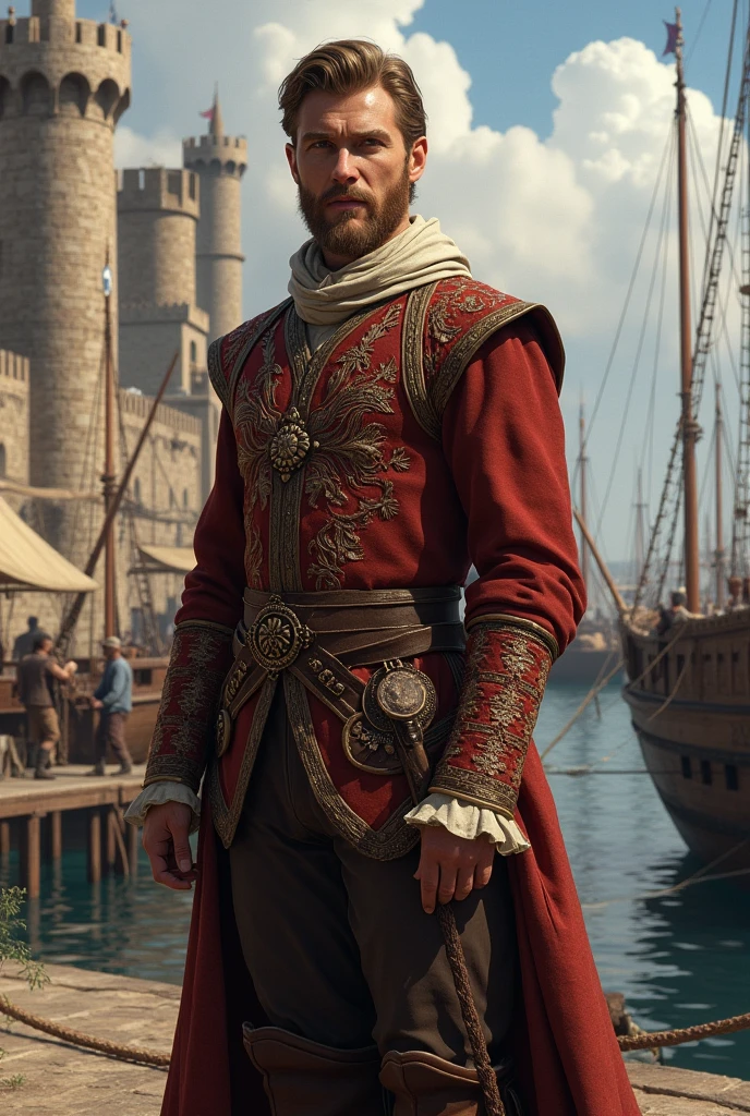 Create a realistic image of a medieval gentleman with light brown hair., short beard, typical clothes of an Essos noble. Ao fundo, build a ship port