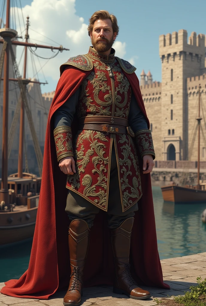 Create a realistic image of a medieval gentleman with light brown hair., short beard, typical clothes of an Essos noble. Ao fundo, build a ship port 