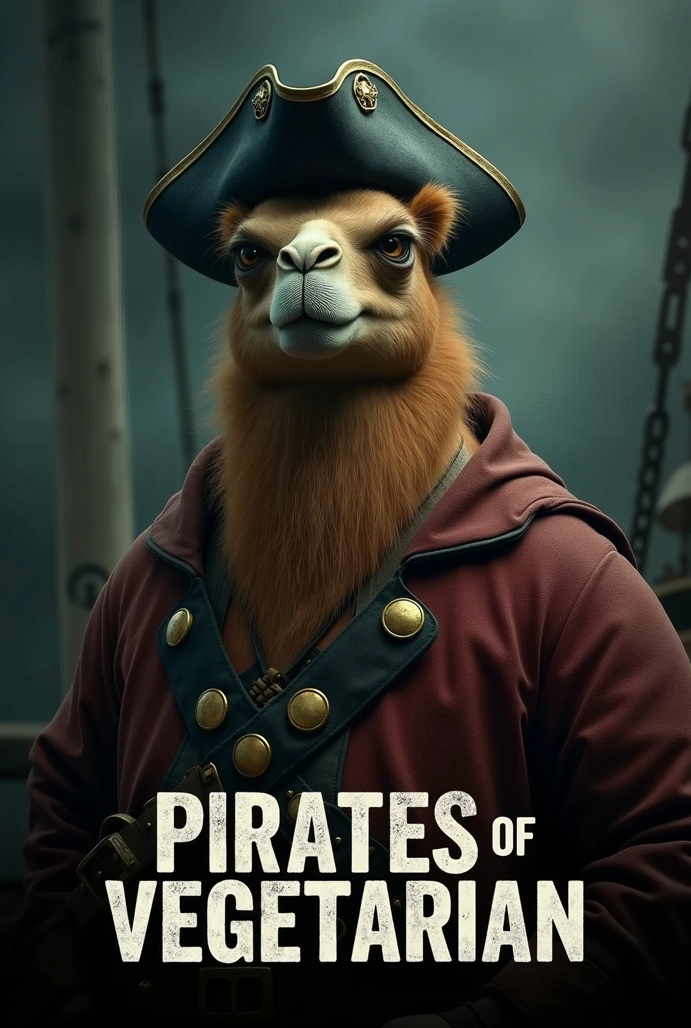 Create a cinematic poster featuring photorealistic portrait of Dressed animals - a ((fat)) camel pirate, , wearing pirate costume and pirate hat , with a serious, intense expression, He should be slightly off-center in the composition, The background should be dark and gritty, pirate's ship with smoky or grunge textures, Use a color scheme of black, deep blues, and dark greens, with subtle silver or gold accents to capture the show's mood, At the bottom of the poster, place the text "PIRATES OF VEGETARIAN" in large, bold, distressed letters, in a sans-serif font. The text should have a cinematic style, with slight shadow or glow effects to make it stand out against the background.
