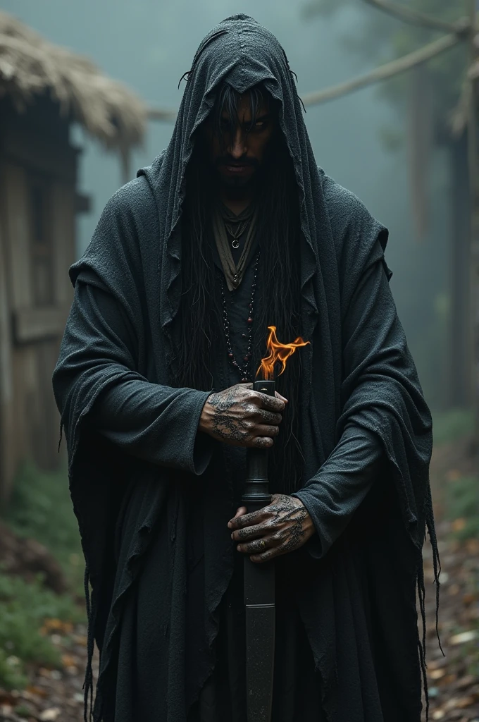 A man with black hair with dark skin , his whole skin is covered in a dark substance, wearing villager clothes, while he holds a black knife with black fire