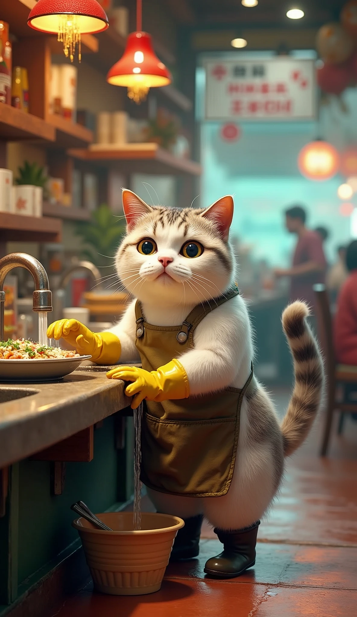 A cute white grey chubby cat with thick, fluffy fur is washing dishes in a lively Indonesian restaurant. The cat stands in front of a sink with water flowing from the faucet, with a bucket placed underneath. The cat is dressed in rubber gloves, boots, and an apron, looking adorably determined as it goes about its task amidst the bustling, crowded atmosphere of the restaurant.