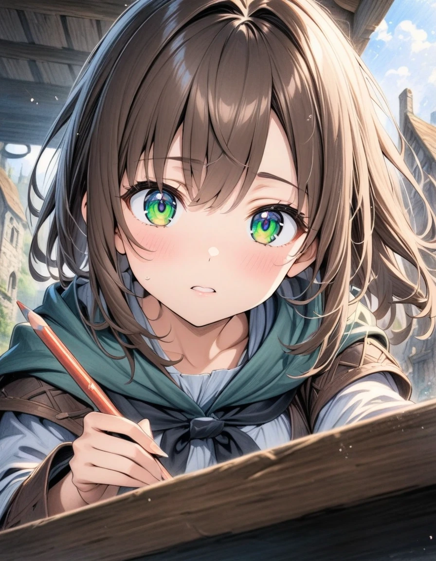 ((style:Colored pencil,pale colour)),(anime)、(masterpiece:1.2),atmospheric perspective,lens flare、middle ages、RPG、Traveler Girl、Brown Hair、Slanted Eyes、Emerald Eyes、well