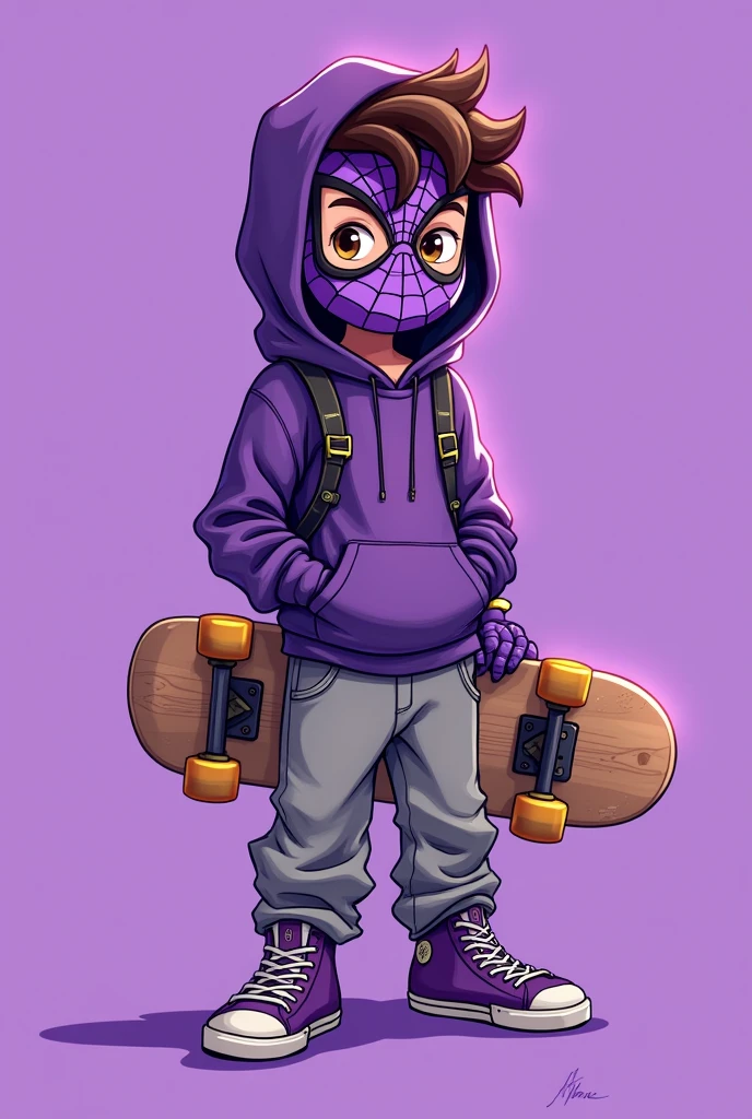 Cartoon male drawing with a purple Spiderman mask, purple hoodie and loose gray pants, with purple shoes and with a skateboard and brown eyes and brown hair, with a solid purple background