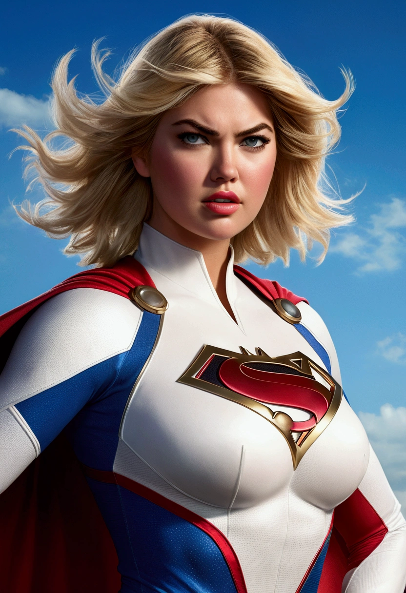 A photorealistic image of Kate Upton as the superhero Power Girl from DC comics, beautiful detailed eyes, beautiful detailed lips, extremely detailed face and body, long eyelashes, curvy athletic figure, Power Girl costume with iconic cleavage window, over the shoulder pose, blue sky background, cinematic lighting, dynamic action pose, colorful comic book style