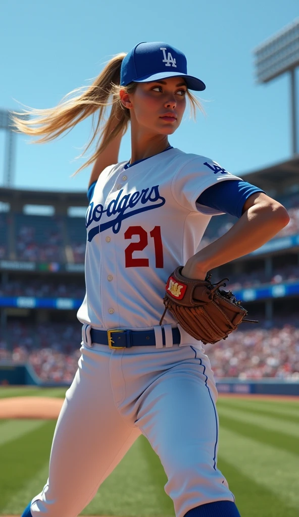 A very beautiful woman wearing a Los Angeles Dodgers uniform, Pitching at Dodger Stadium
