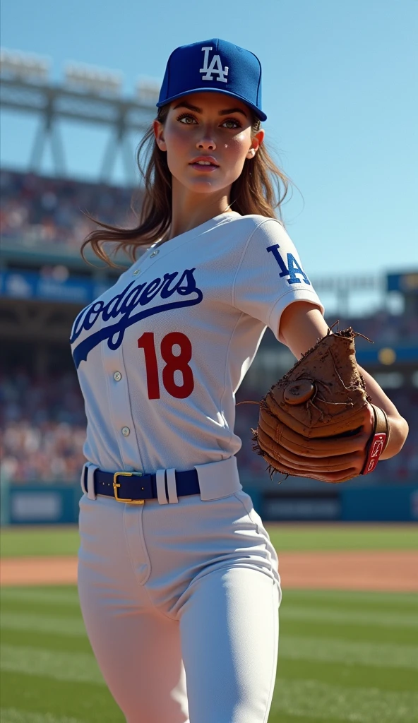 A very beautiful woman wearing a Los Angeles Dodgers uniform, Pitching at Dodger Stadium