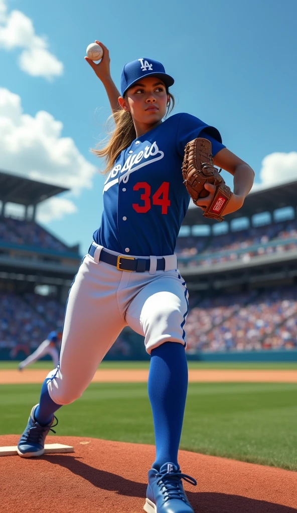 A very beautiful woman wearing a Los Angeles Dodgers uniform, Pitching at Dodger Stadium