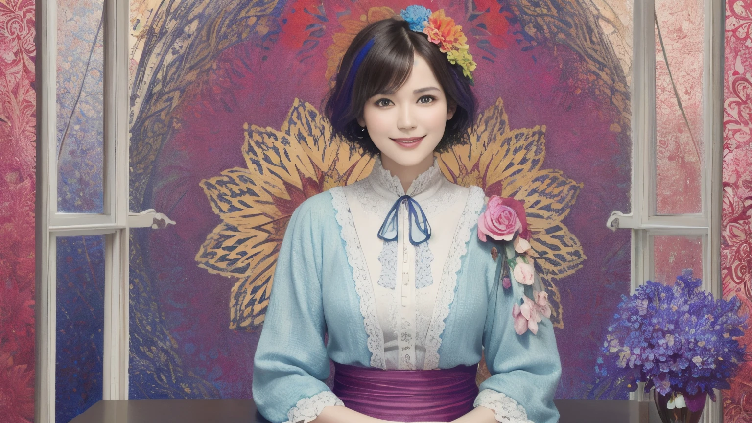 271 (20-year-old woman,short hair), (masterpiece, Highest quality, beautiful:1.2), Very detailed, (Fractal Art:1.1), (colorful:1.1), (flower:1.3), whole body, (Abstract background:1.3), (Many colors:1.4), (Old-fashioned smile), (window)