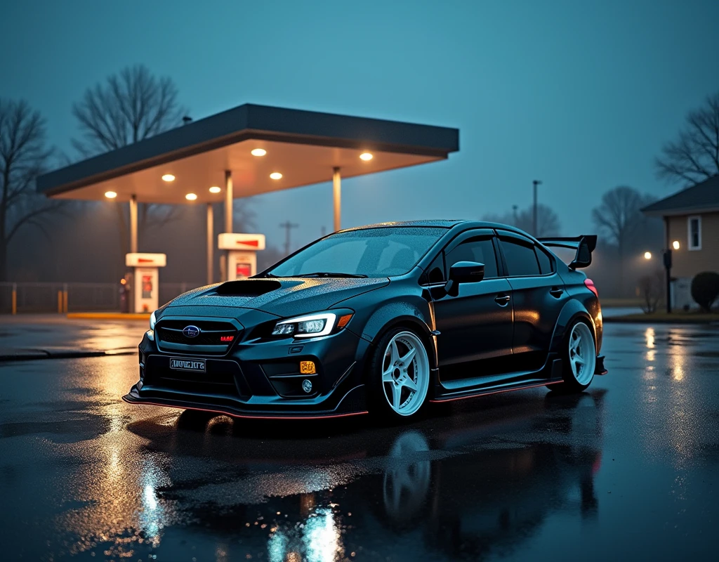 A stunning, high-contrast 8K photograph capturing a tranquil late-night rain in a suburban neighborhood. The focus is on a heavenly modified, full completed carbon fiber Subaru WRX STI widebody, parked at a dimly lit gas station. The vehicle's menacing aura is accentuated by its low, aggressively lowered stance, nearly touching the ground. The white aftermarket wheels with machined faces and an aggressive front lip spoiler enhance its sleek and intimidating appearance. The deep, dark tinted windows and blacked-out front beam headlights blend seamlessly with the customized bumper and exterior design, creating a cohesive, sinister look. The gas station's overhead lighting casts a soft, warm glow, illuminating the scene while creating long shadows across the deserted pavement.