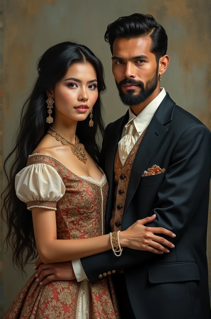 Married couple, black haired wife, white skin and elegant provincial dress, black haired husband, black beard and suit of high-status people from provincial Peru