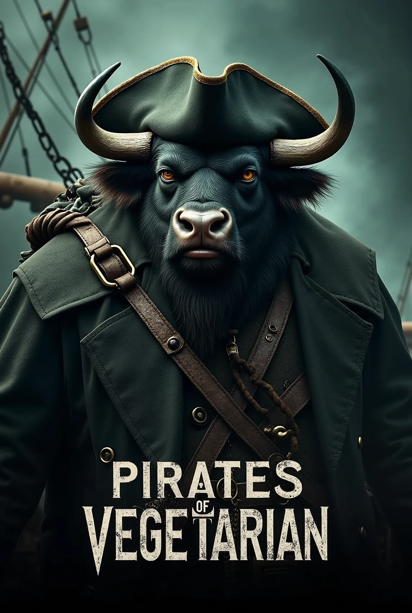 Create a cinematic poster featuring photorealistic portrait of Dressed animals - a ((fat)) buffalo pirate, , wearing pirate costume and pirate hat , with a serious, intense expression, He should be slightly off-center in the composition, The background should be dark and gritty, pirate's ship with smoky or grunge textures, Use a color scheme of black, deep blues, and dark greens, with subtle silver or gold accents to capture the show's mood, At the bottom of the poster, place the text "PIRATES OF VEGETARIAN" in large, bold, distressed letters, in a sans-serif font. The text should have a cinematic style, with slight shadow or glow effects to make it stand out against the background.