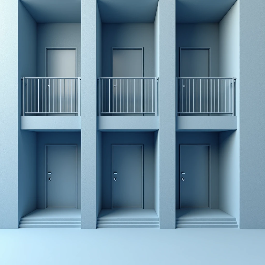 An image with the front of three apartments divided by columns and with a beam. The apartment color is gray and the columns and beams are blue
