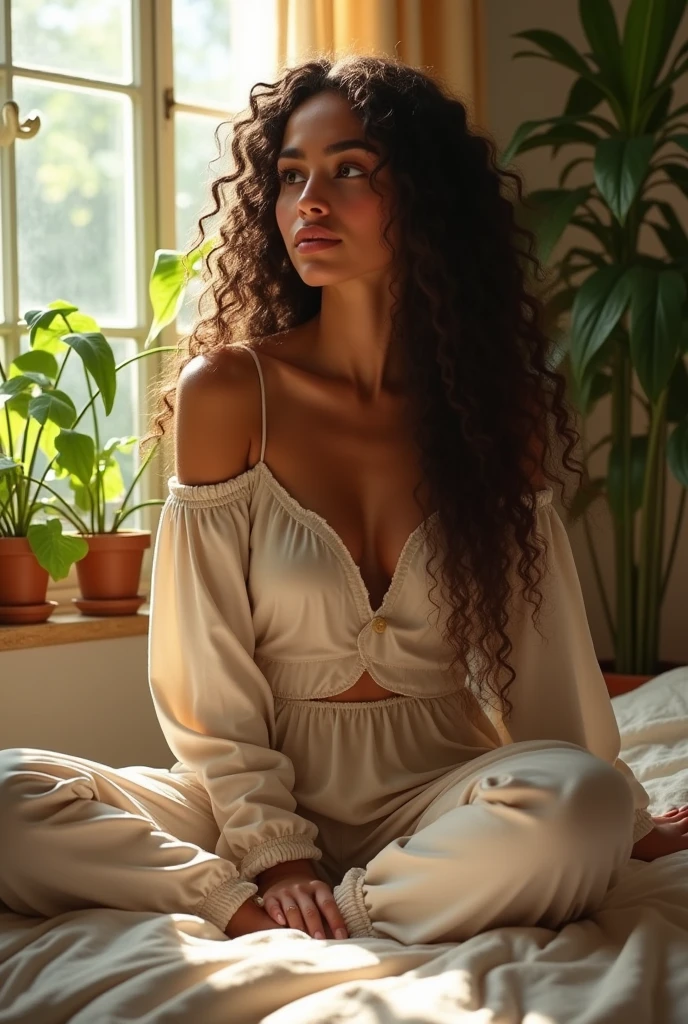 (photorealism:1.2), beautiful woman, sitting on bed, wearing loose off-shoulder top, pajama pants, long curly hair, indoors, soft lighting, plants in background, window with sunlight, cozy room, relaxed pose, realistic, intricate details, warm colors, by Greg Rutkowski, by Alphonse Mucha