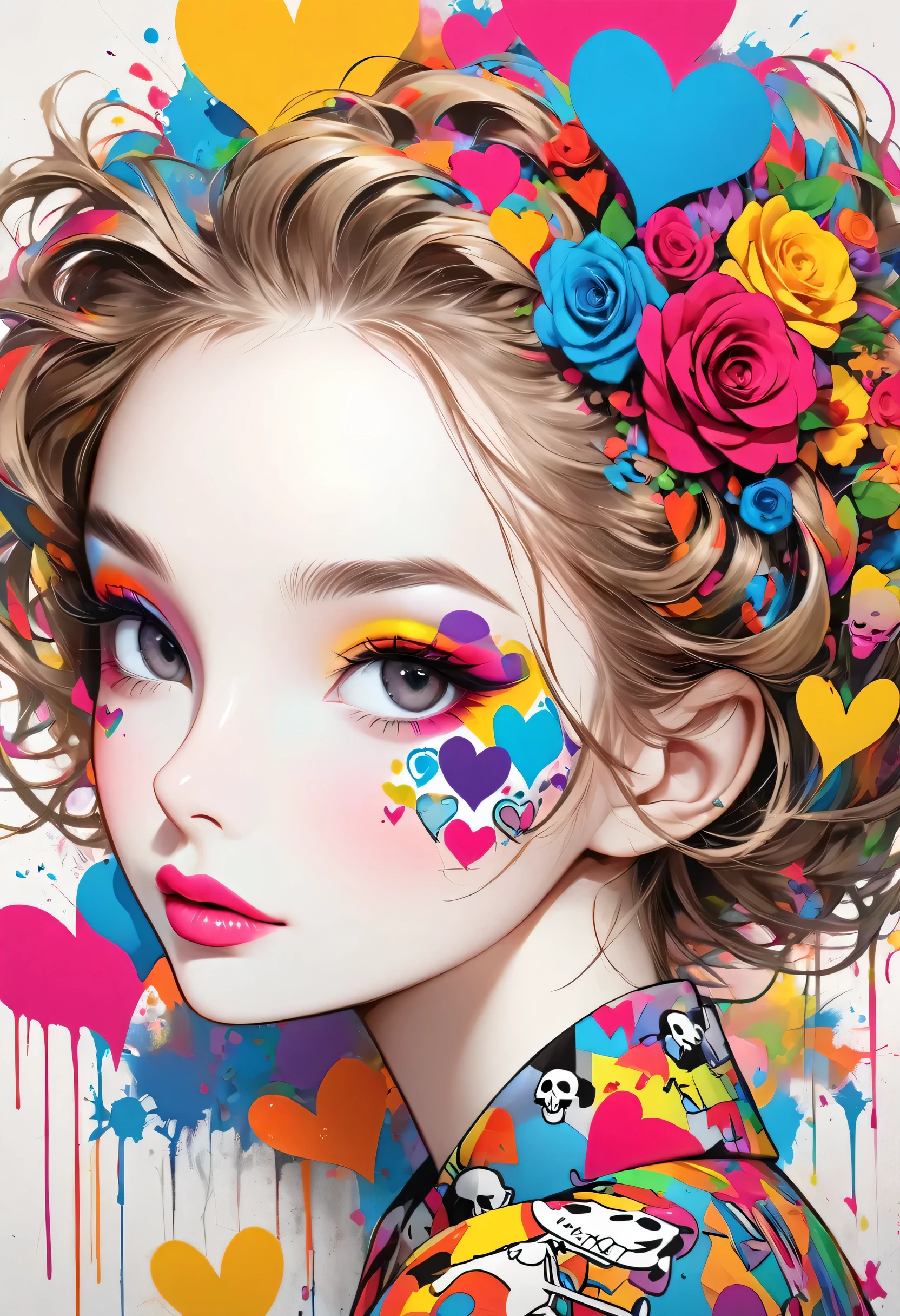 Ultra-realism Keith Haring colorful style, Simple Line Initialism,Abstract art,(((The most beautiful girl of all time))), Sweet face. Lips in love, colorful hearts, stylish design, Summer Skull fashion, Dark Eyes, Graffiti on the wal