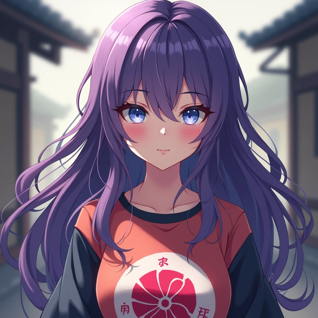 Female character, anime styling, cabelo roxo, long hair, pretty, skin fair, blue colored eyes, wearing a Naruto Kyubi anime shirt 


