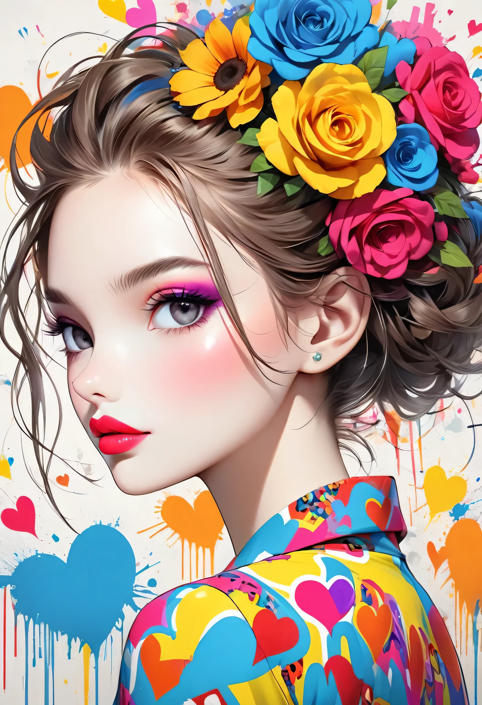 Ultra-realism Keith Haring colorful style, Simple Line Initialism,Abstract art,(((The most beautiful girl of all time))), Sweet face. Lips in love, colorful hearts, stylish design, Summer Skull fashion, Dark Eyes, Graffiti on the wal