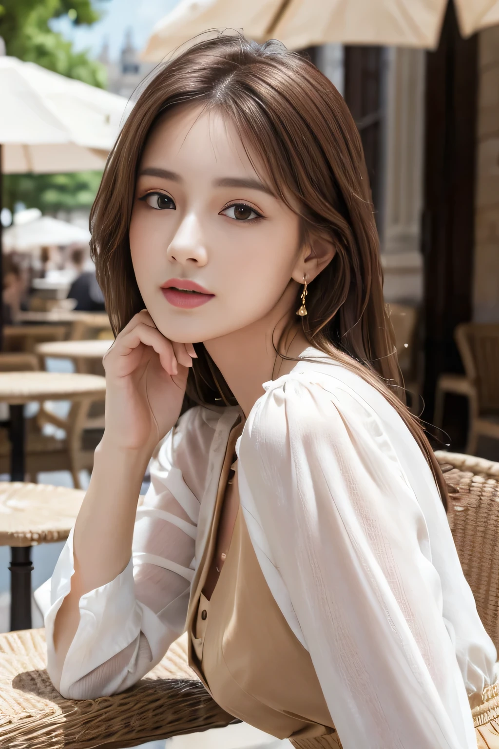 masterpiece, Highest quality, Realistic, Very detailed, Finer details, High resolution, 8k wallpaper, One beautiful woman,Wear a nice blouse, On the terrace of a lovely cafe, at noon, Light brown messy hair, Perfect dynamic composition, Beautiful and beautiful eyes、Big earrings、