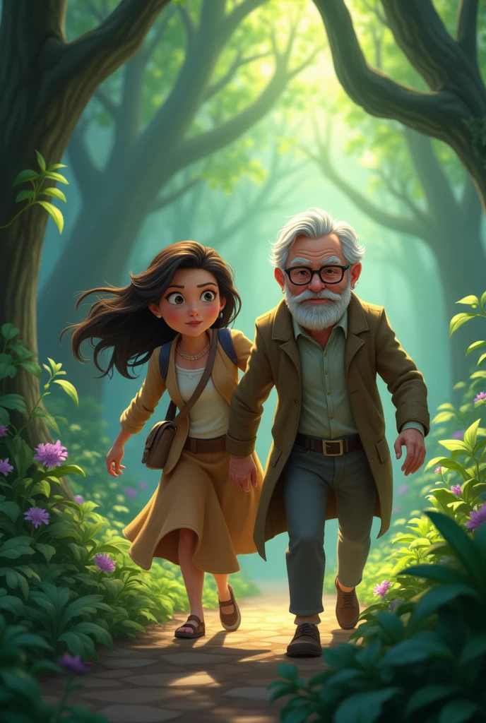A young woman with an old gentleman going on a dangerous adventure with glasses in an animated forest