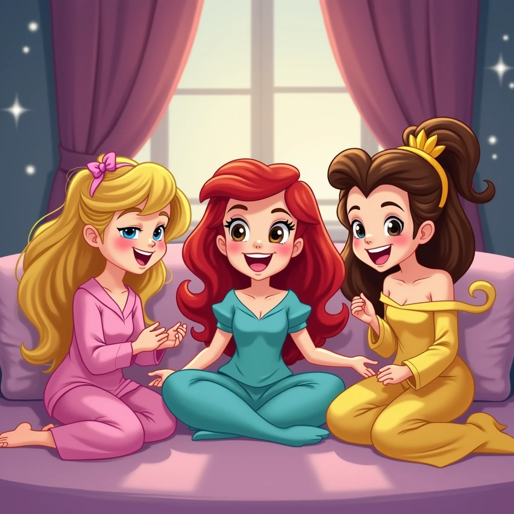 blond sleeping Beauty in a pink pijama, Ariel in turquoise pijama and Belle in a yellow pijama. the 3 friends in a slumber party laughing and doing a pillow fight