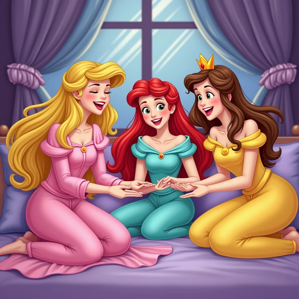 blond sleeping Beauty in a pink pijama, Ariel in turquoise pijama and Belle in a yellow pijama. the 3 friends in a slumber party laughing and doing a pillow fight