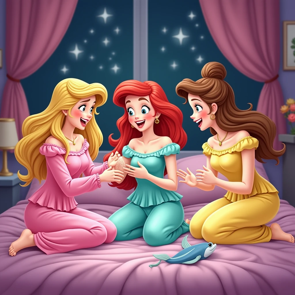blond sleeping Beauty in a pink pijama, Ariel in turquoise pijama and Belle in a yellow pijama. the 3 friends in a slumber party laughing and doing a pillow fight
