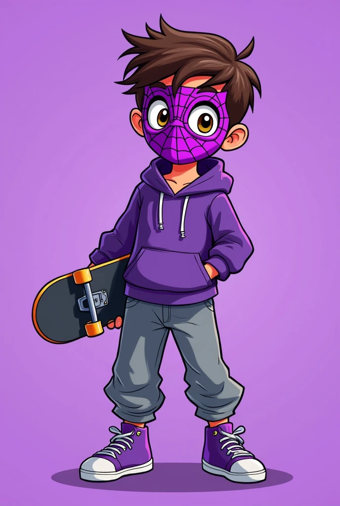 Cartoon male drawing with a purple Spiderman mask, purple hoodie and loose gray pants, with purple shoes and with a skateboard and brown eyes and brown hair, with a solid purple background
