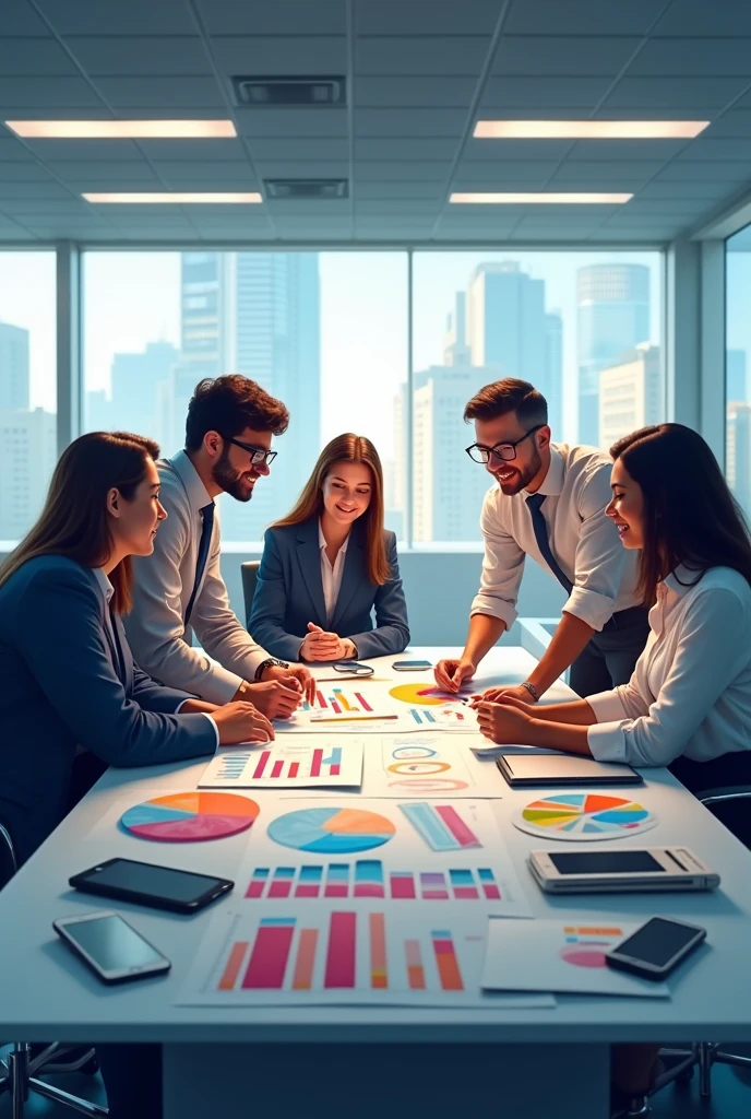 In a brightly lit office, a diverse group of five professionals is deeply engaged in a planning session. They are gathered around a large table covered with vibrant charts, graphs, and digital devices, suggesting a focus on finances and marketing strategies. The collaborative atmosphere is evident as each member contributes, pointing out specifics on the documents or tapping away on laptops, demonstrating effective teamwork and complex problem-solving in action.