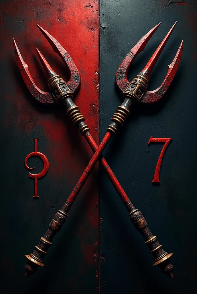 Black background
Two crossed antique tridents in the middle of the image
Not black color
On the right side a number seven
On the left side written ( Tiriri )
Half red
Half black