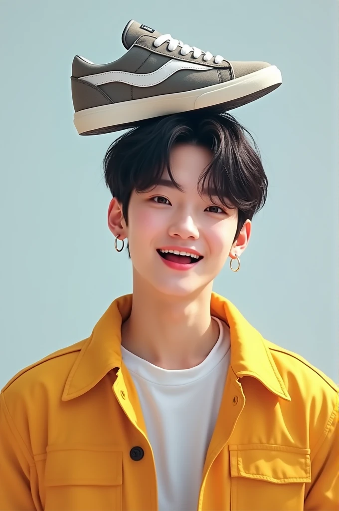 Jimin with a shoe on his head