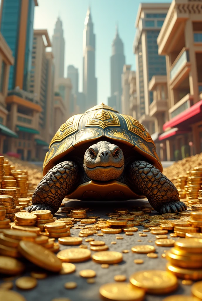 A tortoise surrounded by money in Dubai