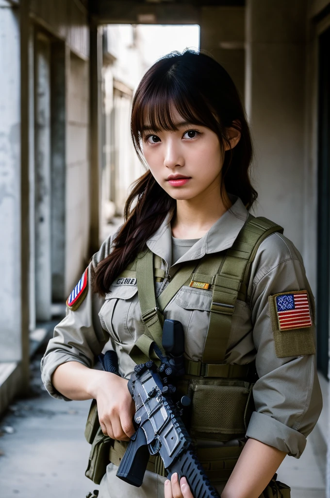 (masterpiece, ultra-detailed, ultra-realistic, best quality, clear focus, photorealistic), (ultra-high resolution, 8k:1.3), cinematic color-grading film, dramatic scenes, shadow, global-illumination, perfect anatomy, perfect face, (detailed face, detailed eye:1.3), (20 years old Japanese beautiful anime style girl:1.2), (experienced soldier:1.2), professional light, (very cute but boyish cool Japanese face:1.3), (Fully equipped for battle:1.3), (holding m4a1 large assault rifle:1.4), (painful expressions after being injured by a gunshot:1.5), (afraid:1.4), (crying:1.5), (wearing a soldier's outfits with damages:1.2), slim waist, (sitting in the abandoned building at night:1.3), military helmet, very large breasts, tactical vest, military harness, face focus,