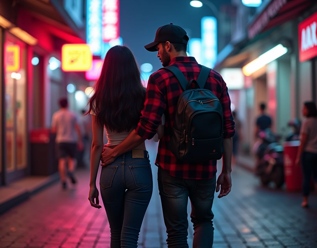 Hyper realistic, a 28 year old Indonesia man walking on the neon cyberpunk street, ideal body, look straight ahead, wearing dark red flannel shirt and dark ripped jeans pants and black hiking hi-shoes with black backward trucker hat, wear dark leather backpack, wear headphone, masculine photoshoot pose, arrogant man expression, together with his beautiful girlfriend with long hair and dressed summer clothes, romantic, Bandung night town as background. Use soft photography lighting. top lighting. top lighting, slide lighting, high quality photos, UHD, 64k. shot with Canon EOS 5D Mark IV, cinematic portrait, Realistic face, not changing face, no mustache, Real photo, unchanging face, background change. Real Picture 8k ultra, man, gamer, hyper detailed, sharp focus, studio photo, intricate details, highly detailed, photo real, bright colors, digital graphics, unreal engine, blender art, perfect composition, octane rendering, masterpiece, sharp focus, high detail, art station, concept art, perfect composition, a model of ultra-high quality and clarity, perfect play of light and shadow, 32k UHD, hyper-detailing, complex artistic masterpiece, ((best quality)), ((masterpiece)), (detailed), perfect face