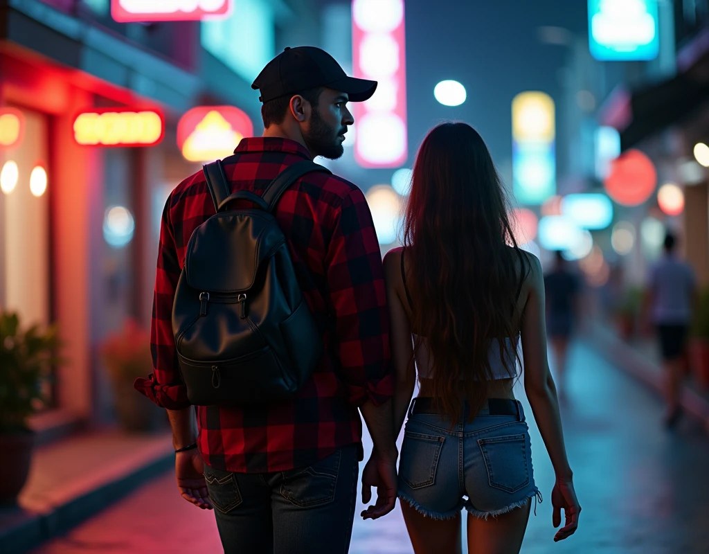 Hyper realistic, a 28 year old Indonesia man walking on the neon cyberpunk street, ideal body, look straight ahead, wearing dark red flannel shirt and dark ripped jeans pants and black hiking hi-shoes with black backward trucker hat, wear dark leather backpack, wear headphone, masculine photoshoot pose, arrogant man expression, together with his beautiful girlfriend with long hair and dressed summer clothes, romantic, Bandung night town as background. Use soft photography lighting. top lighting. top lighting, slide lighting, high quality photos, UHD, k. shot with Canon EOS 5D Mark IV, cinematic portrait, Realistic face, not changing face, no mustache, Real photo, unchanging face, background change. Real Picture 8k ultra, man, gamer, hyper detailed, sharp focus, studio photo, intricate details, highly detailed, photo real, bright colors, digital graphics, unreal engine, blender art, perfect composition, octane rendering, masterpiece, sharp focus, high detail, art station, concept art, perfect composition, a model of ultra-high quality and clarity, perfect play of light and shadow, 32k UHD, hyper-detailing, complex artistic masterpiece, ((best quality)), ((masterpiece)), (detailed), perfect face