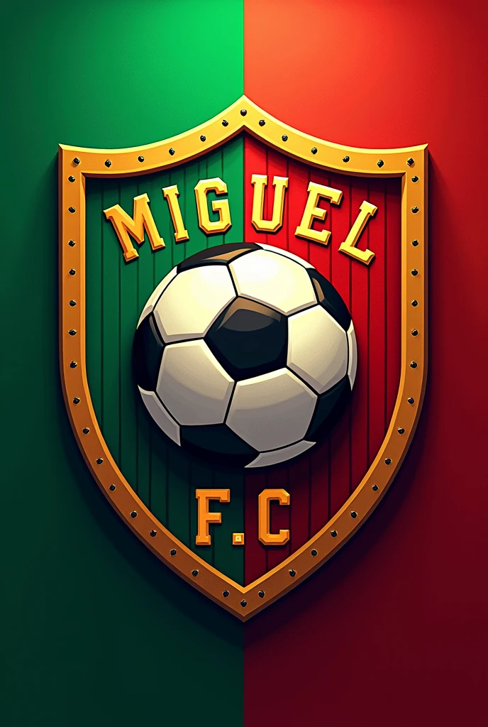 Football team shield with green and red colors and with the name Miguel and with the letters F.C inside a ball