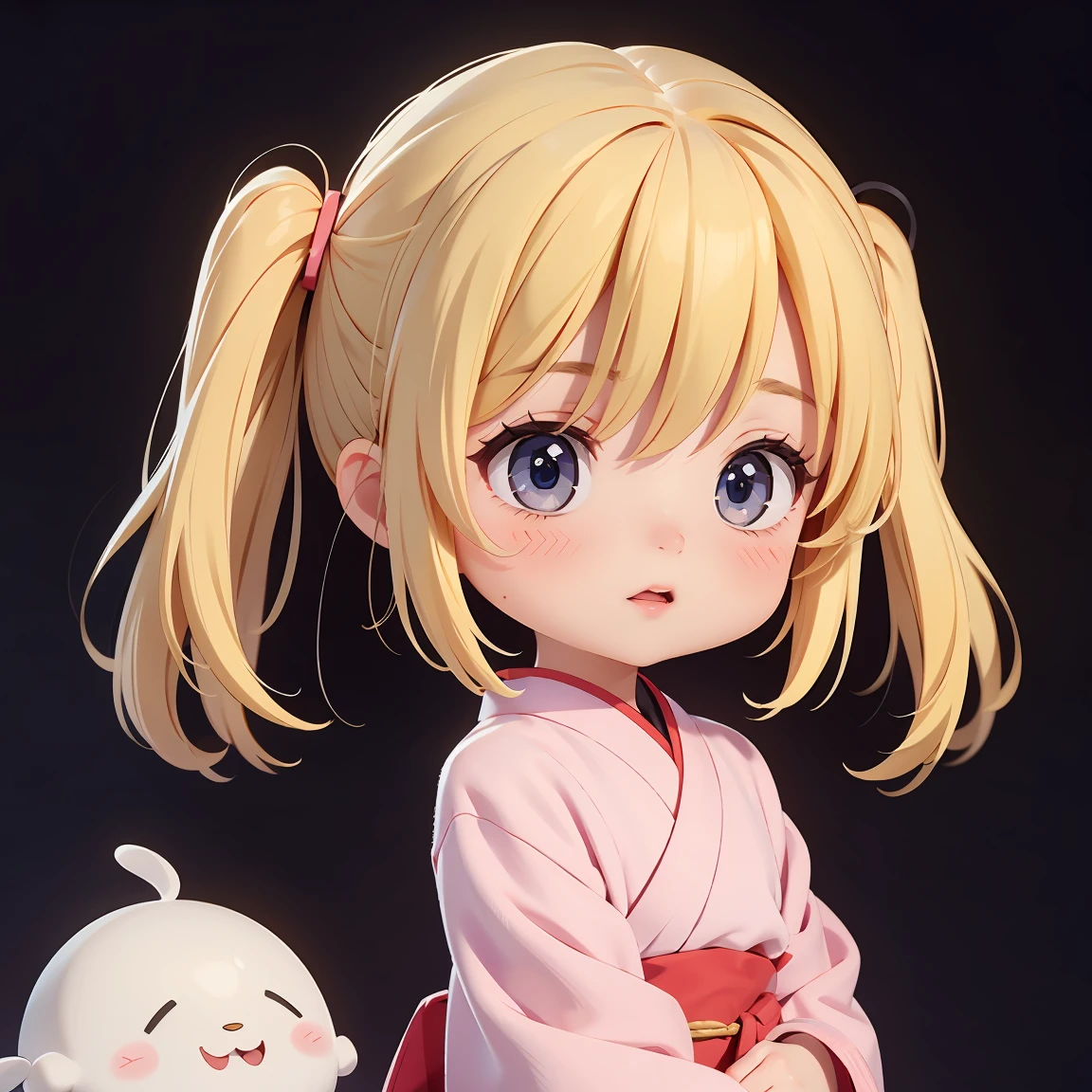 Super Chibi Character:1.8、Blonde Hair、Cute 7 year old girl、Super Chibi Character:1.8、Dressed as a Japanese ghost