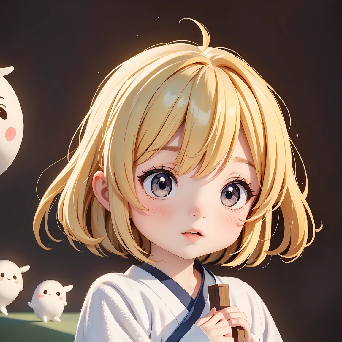 Super Chibi Character:1.8、Blonde Hair、Cute 7 year old girl、Super Chibi Character:1.8、Dressed as a Japanese ghost