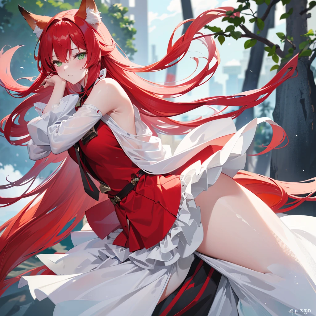 1girl, red hair, long hair, green eyes, semi-closed eyes, fox ears, fox tail, red ears, red tail, white clothes, full body, in a bent position, simple background, (best quality, 4k, 8k, highres, masterpiece:1.2), ultra-detailed, (realistic, photorealistic, photo-realistic:1.37)