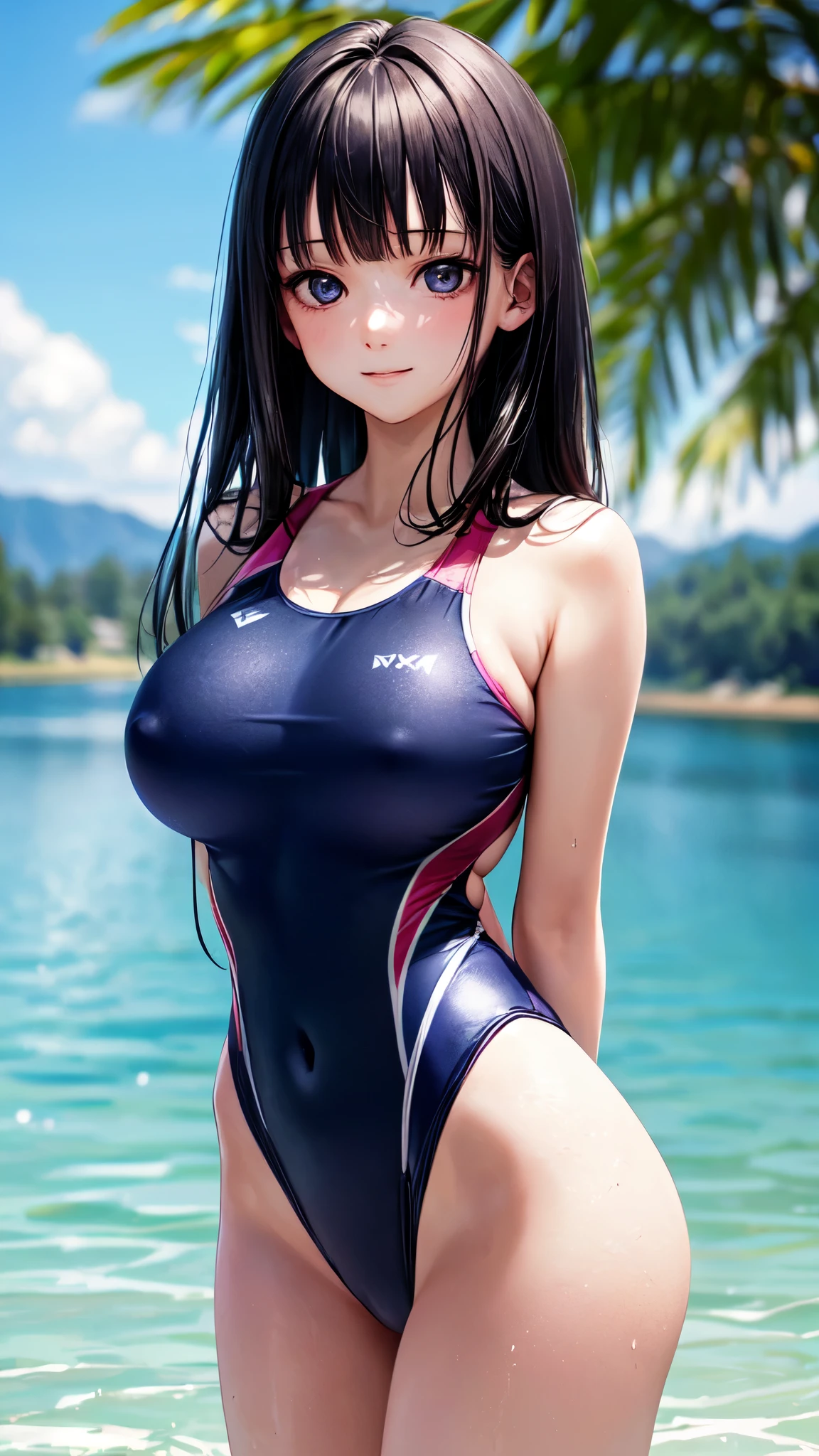 ((masterpiece,best quality,ultra detailed,high resolution)),(daytime,clear weather,lighting forward,lighting front),((solo)),(beautiful-girl,teenage),(black hair,long hair,straight hair,blunt bangs),(beautiful detailed face,beautiful detailed eyes),(finely detailed skin,fair skin),light smile,((one-piece competition swimsuit,navy swimsuit,impossible clothes)),(on the beautiful lake,beautiful sky),(big breast,perky breast,medium hip),((cowboy shot)),((arms behind back)),(puffy nipples:0.8),