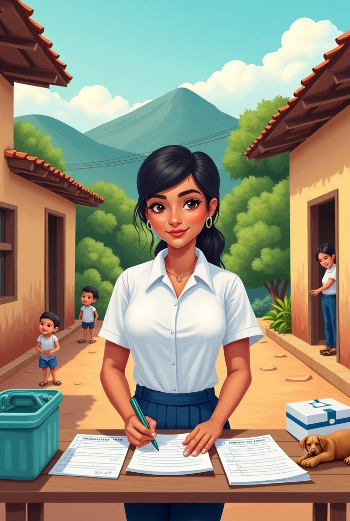 Community nurse in rural Guatemala wearing a white blouse and navy blue pants filling out vaccination forms, cartoon