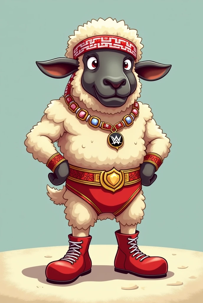 cartoon sheep dressed like wrestler The iron sheik wearing a keffiyeh and curved toe boots