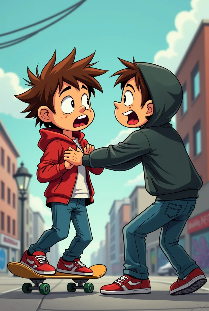 in the form of a carton I want an image, with a skateboarder being held by the shirt from the front by a hater in an aggressive way, and the young skateboarder looking scared 