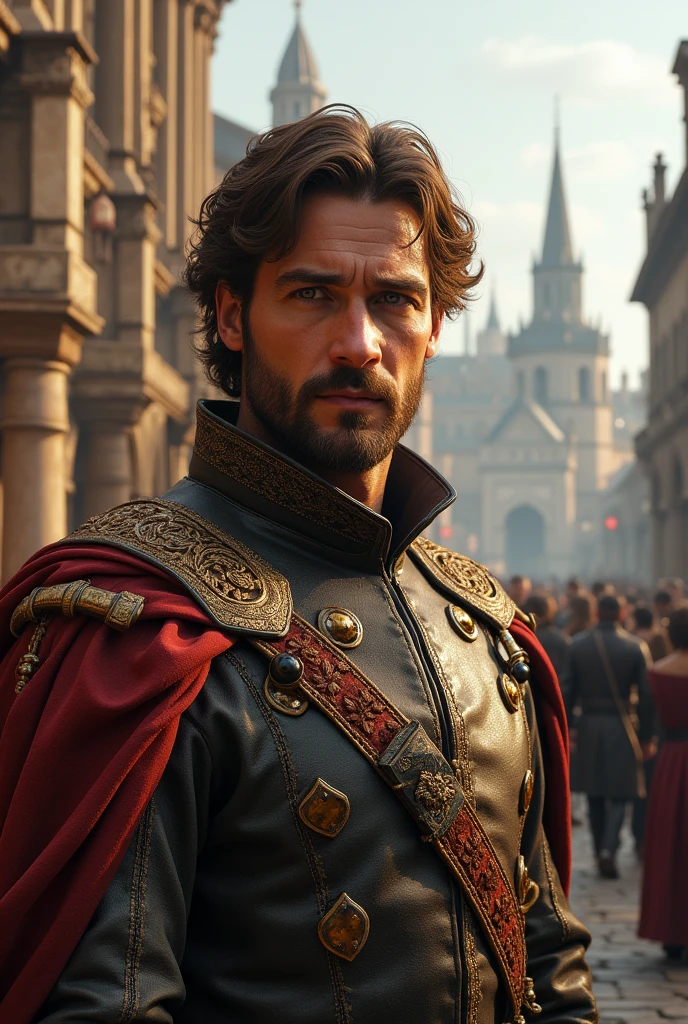 Create a realistic image of a medieval gentleman with light brown hair, short beard, typical clothes of an Essos noble. Ao fundo, place the city of porto real