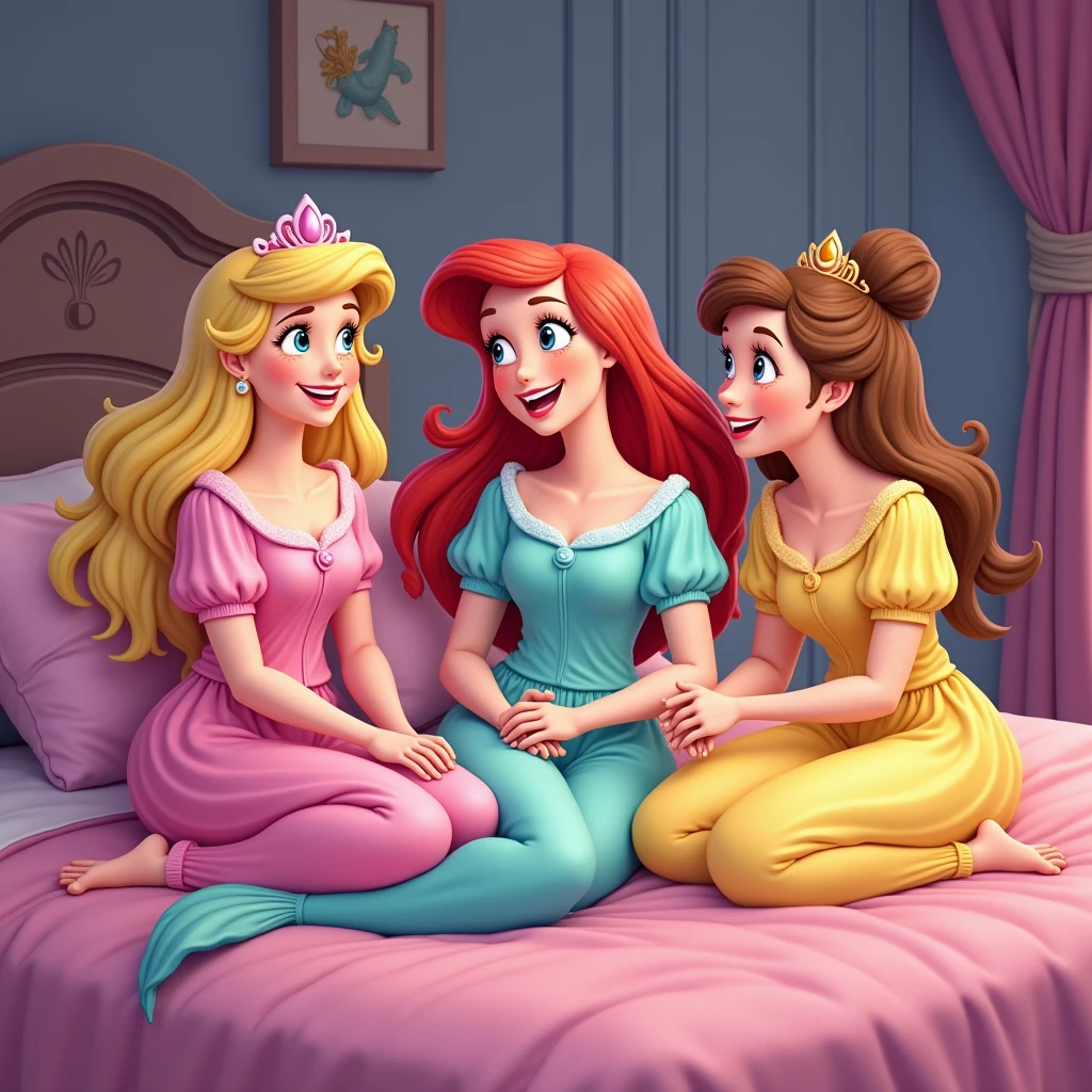 blond sleeping Beauty in a pink pijama, Ariel in turquoise pijama and Belle in a yellow pijama. the 3 friends in a slumber party laughing and doing a pillow fight